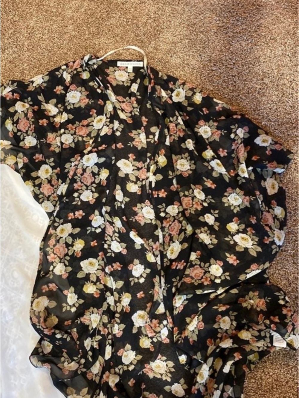 Daniel Rainn Black Sheer Floral Kimono with Cream & Pink Blooms